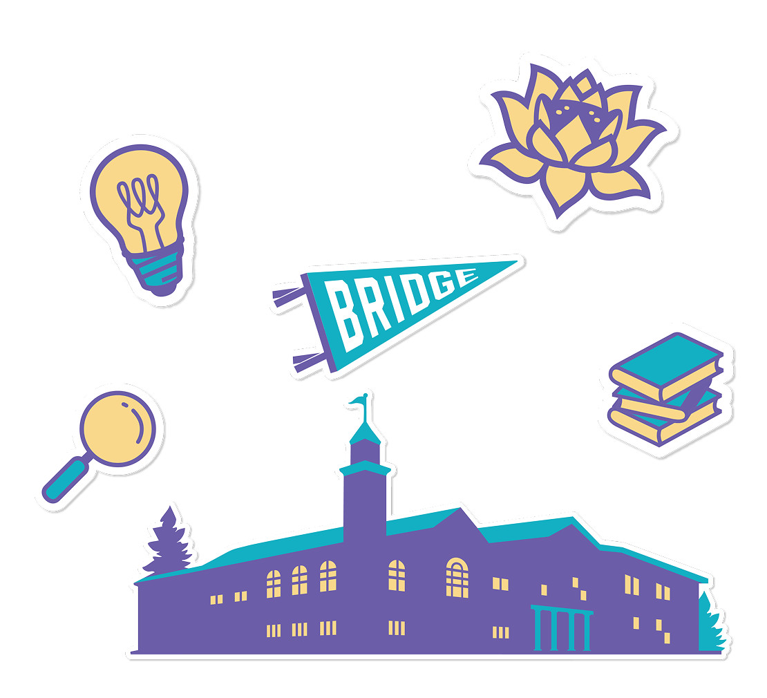 A black square illustration with a purple pennant reading BRIDGE, a school building, a lotus, a lightbulb, a magnifying glass, and stacked books.