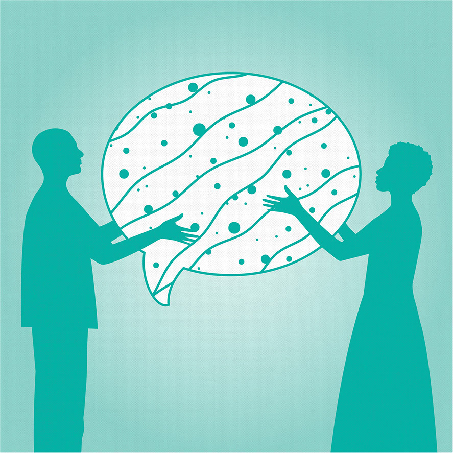 Teal silhouettes of two people face each other, touching a dotted circle between them.