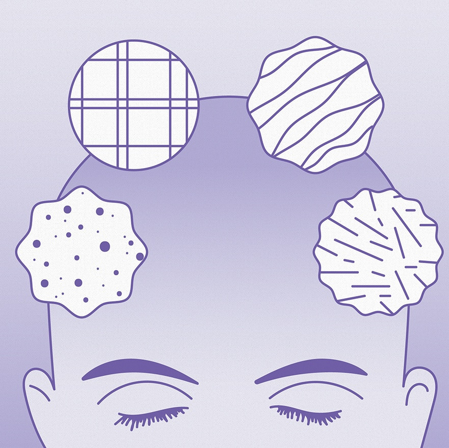 An illustration of a face with closed eyes and four patterned shapes floating above the head.
