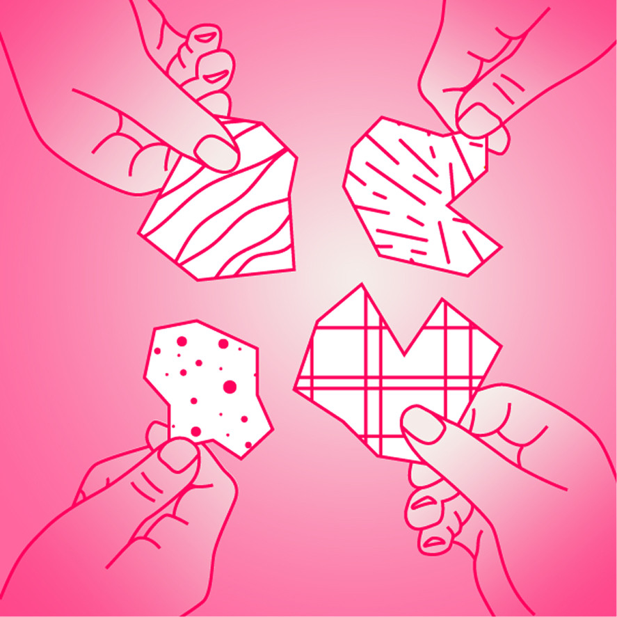Pink illustration of several hands holding patterned heart and puzzle pieces that fit together.
